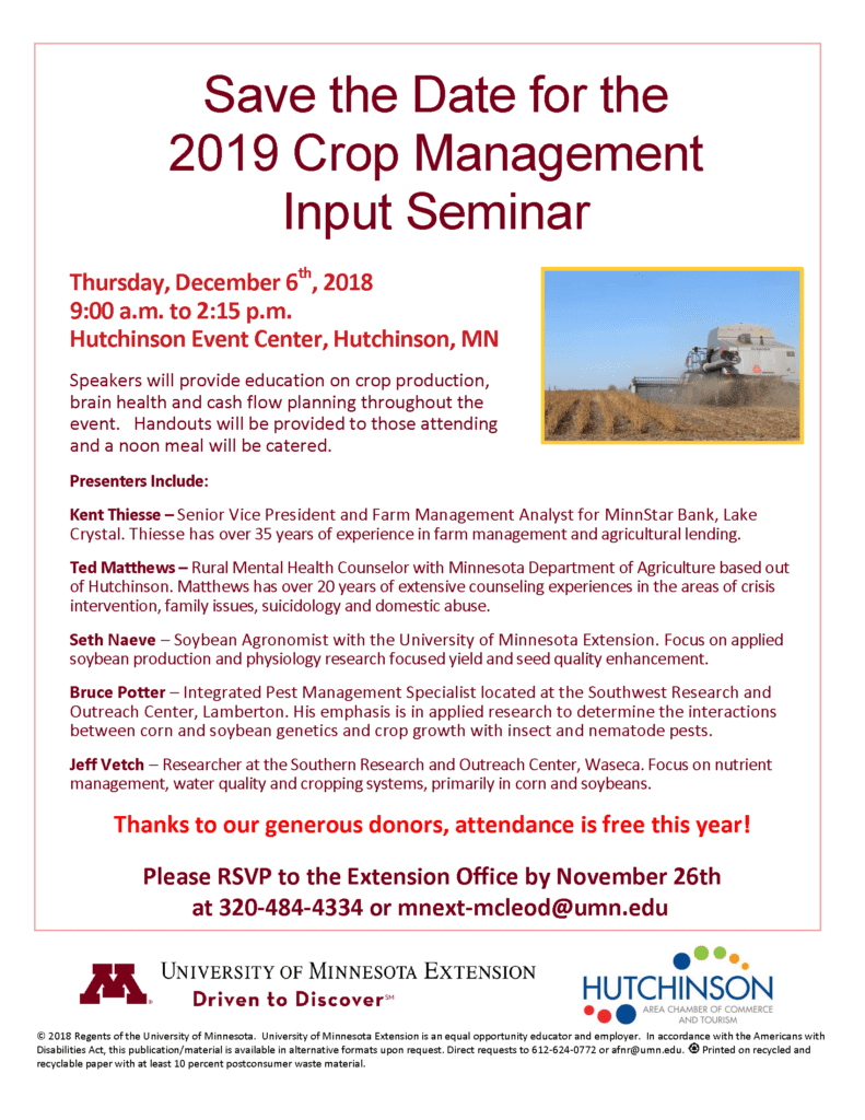 Crop Management Input Seminar December 6 2018 9am - 2:15pm Hutchinson Event Center