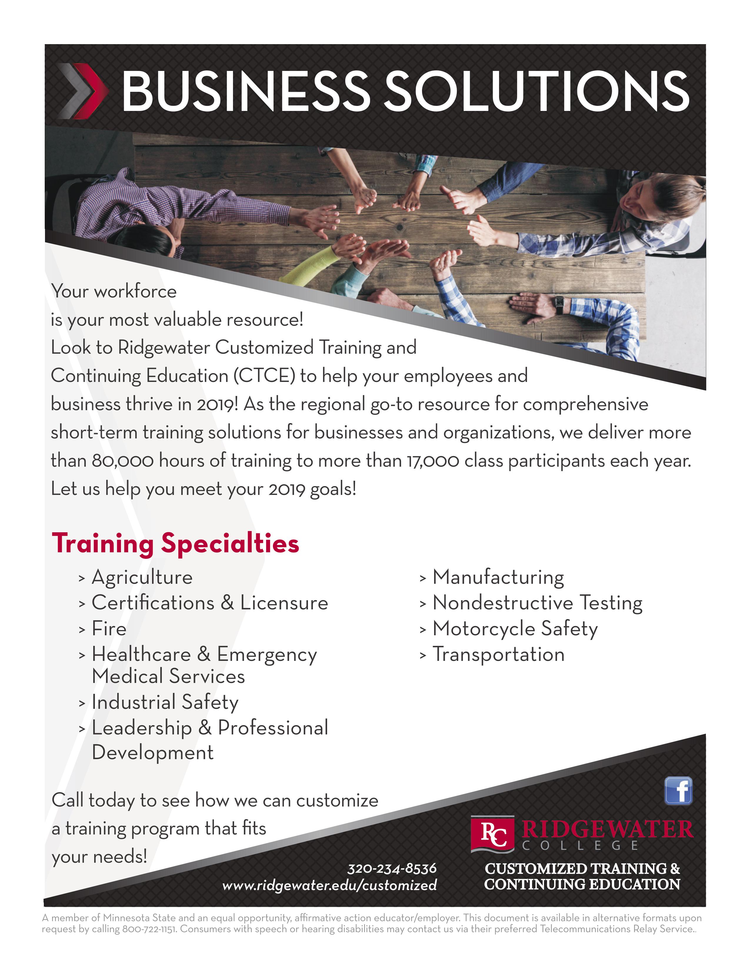 Image of a flyer for the Ridgewater Business Solutions events and offerings
