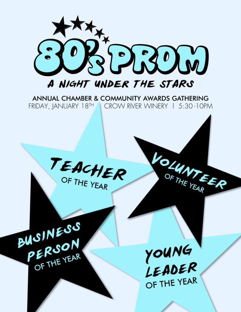 Chamber Annual Event poster for 80s Prom and Community Awared Event January 18 5:30pm - 10pm