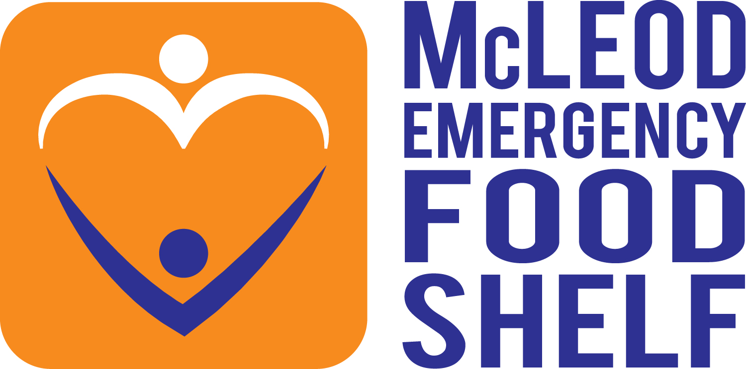 Logo for McLeod Emergency Food Shelf. An orange box with a white and purple heart that is made out of two stick people embracing each other